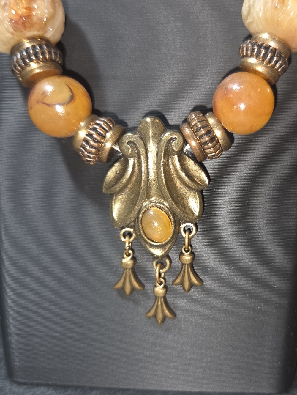 1928 Amber and Caramel Bead Statement Necklace - Picture 3 of 5